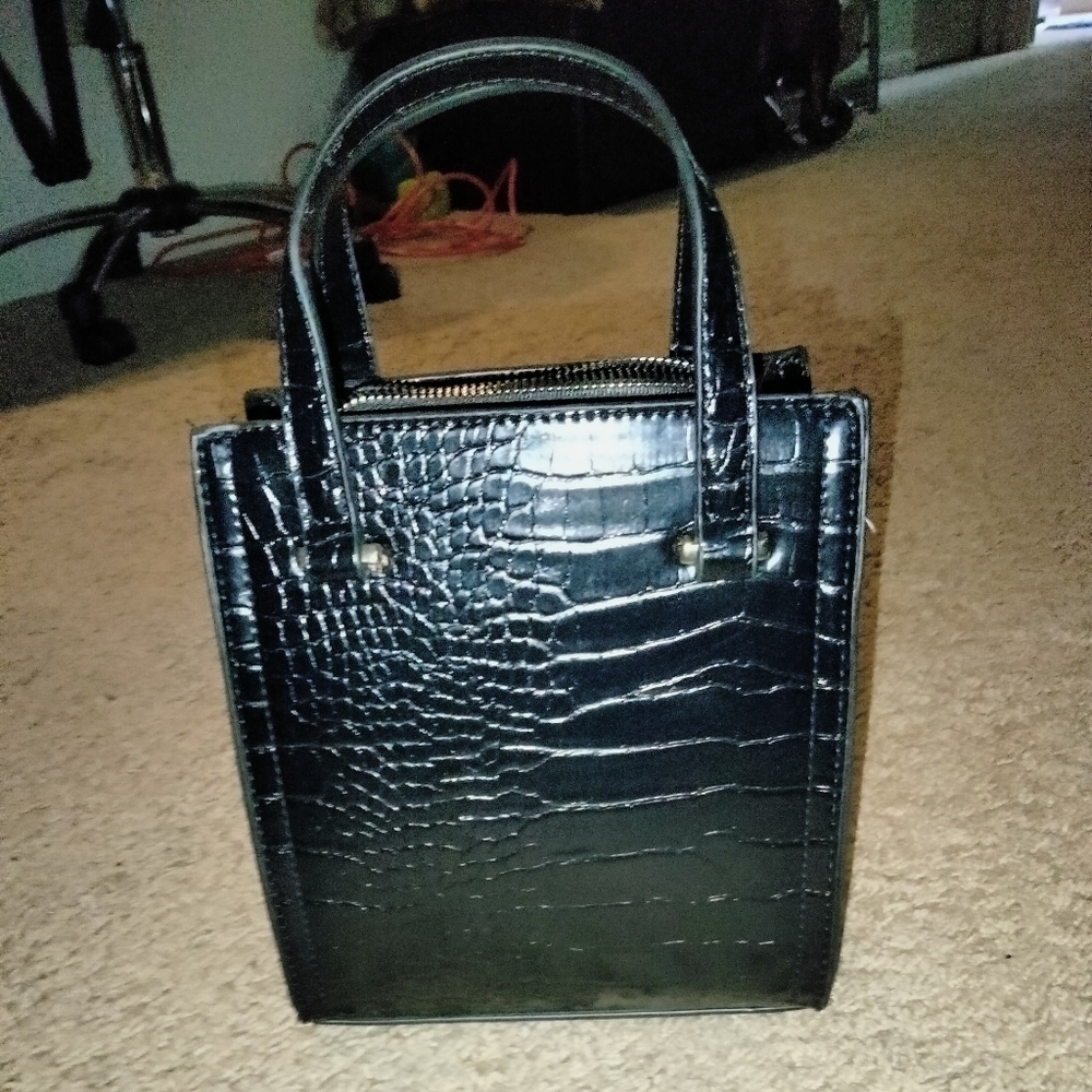 Black Croc Embossed Print Faux Leather Top Handle Square Shoulder/Tote
